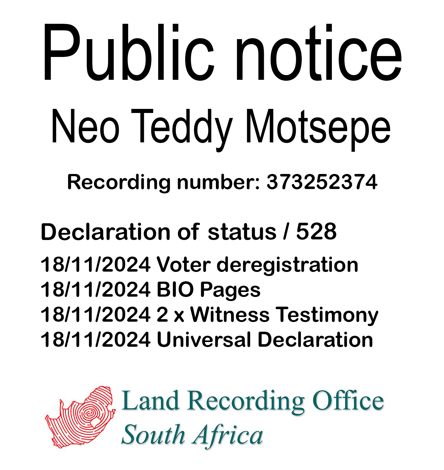 Public notice Neo Teddy Motsepe Recording number 373252374